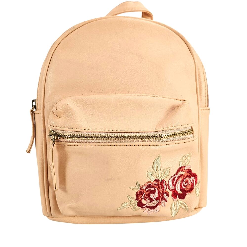 Mini Backpack Purse Pink Faux Leather Floral Embroidered Small Daypack Bag
